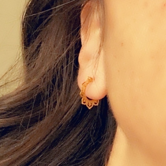 24K Gold Laser Cut Heart Half Hoop Earrings - Picture 11 of 12